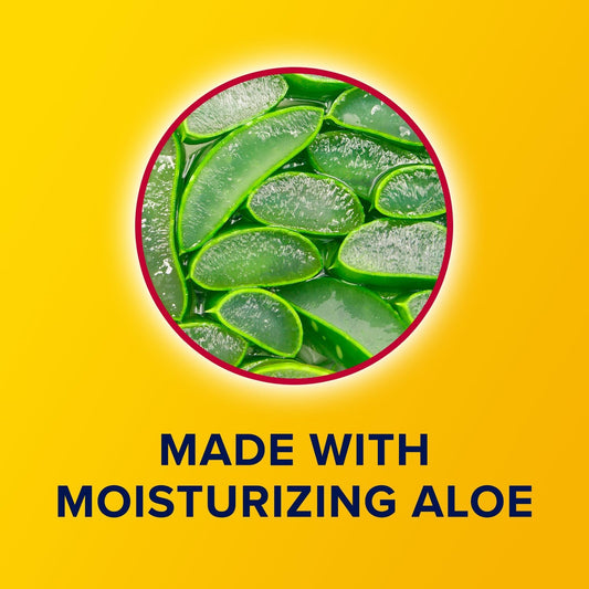 Aloe vera leaves on a yellow background with text 'Made with Moisturizing Aloe'.