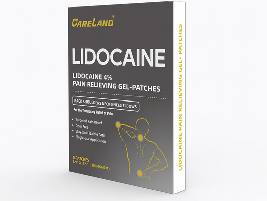 Side view of a CARELAND 4% lidocaine gel patch box containing 6 individually packed patches.