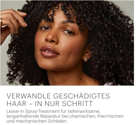 Close-up of woman with healthy curly hair promoting leave-in spray treatment for hair repair