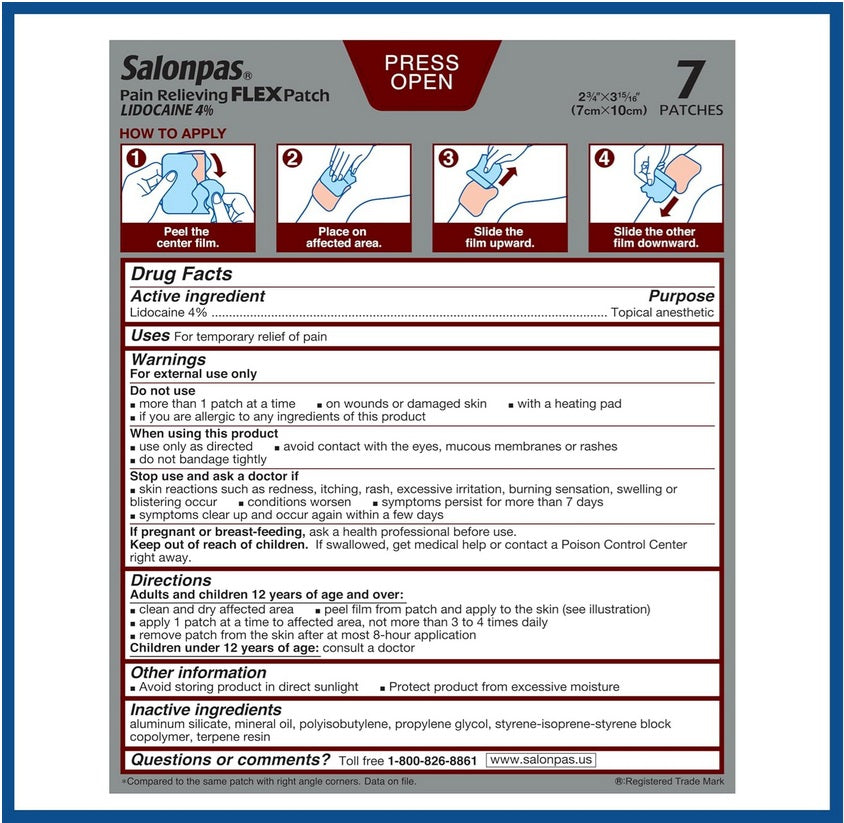 Salonpas Lidocaine 4% Pain Relieving Flex Patches – 7 Count