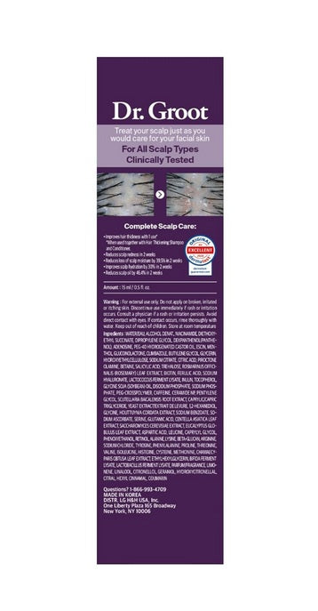 Dr. Groot scalp care product label detailing uses, benefits, and ingredients for all scalp types