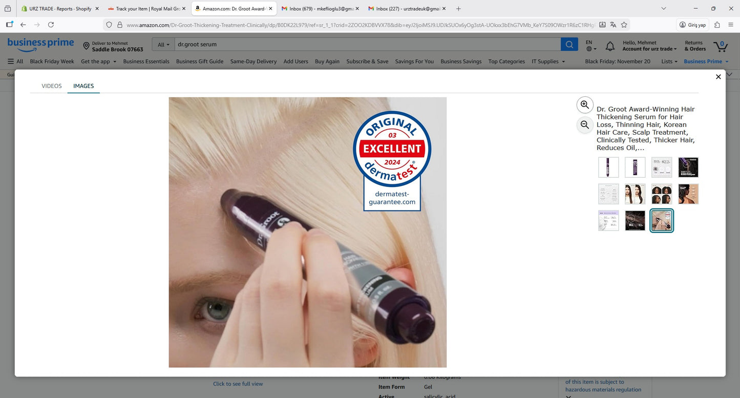 Person applying Dr. Groot hair thickening serum to blonde hair roots with Dermatest Excellent 2024 seal