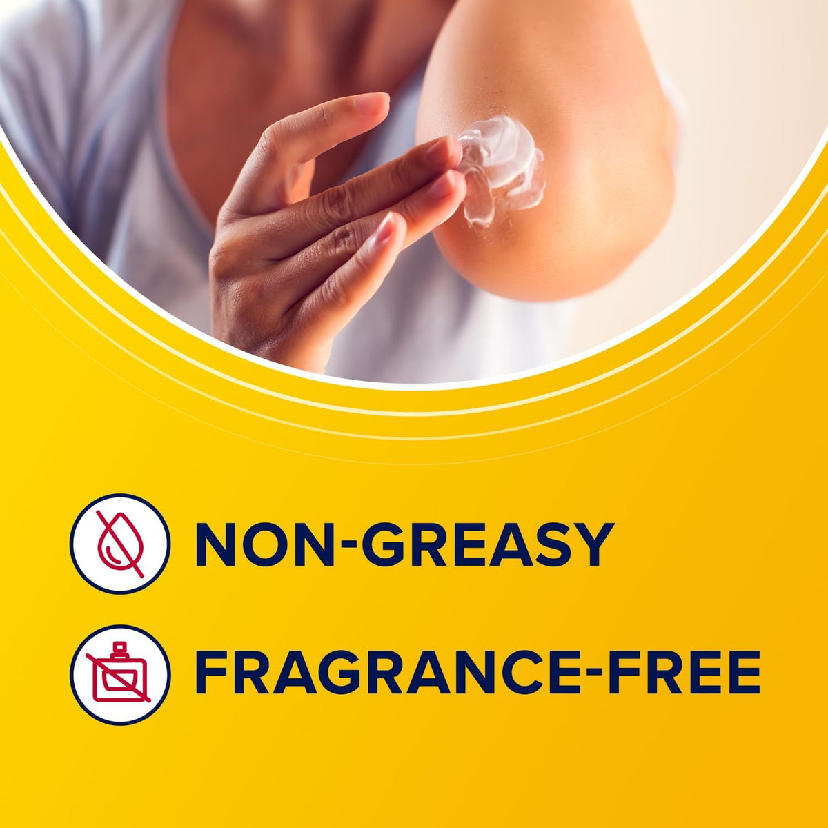 Person applying cream to arm with 'Non-Greasy' and 'Fragrance-Free' text on a yellow background