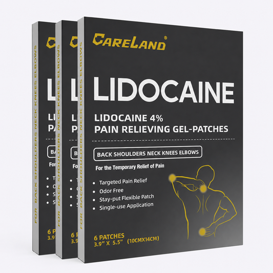Three CARELAND 4% lidocaine gel patch boxes, each containing 6 individually packed patches.