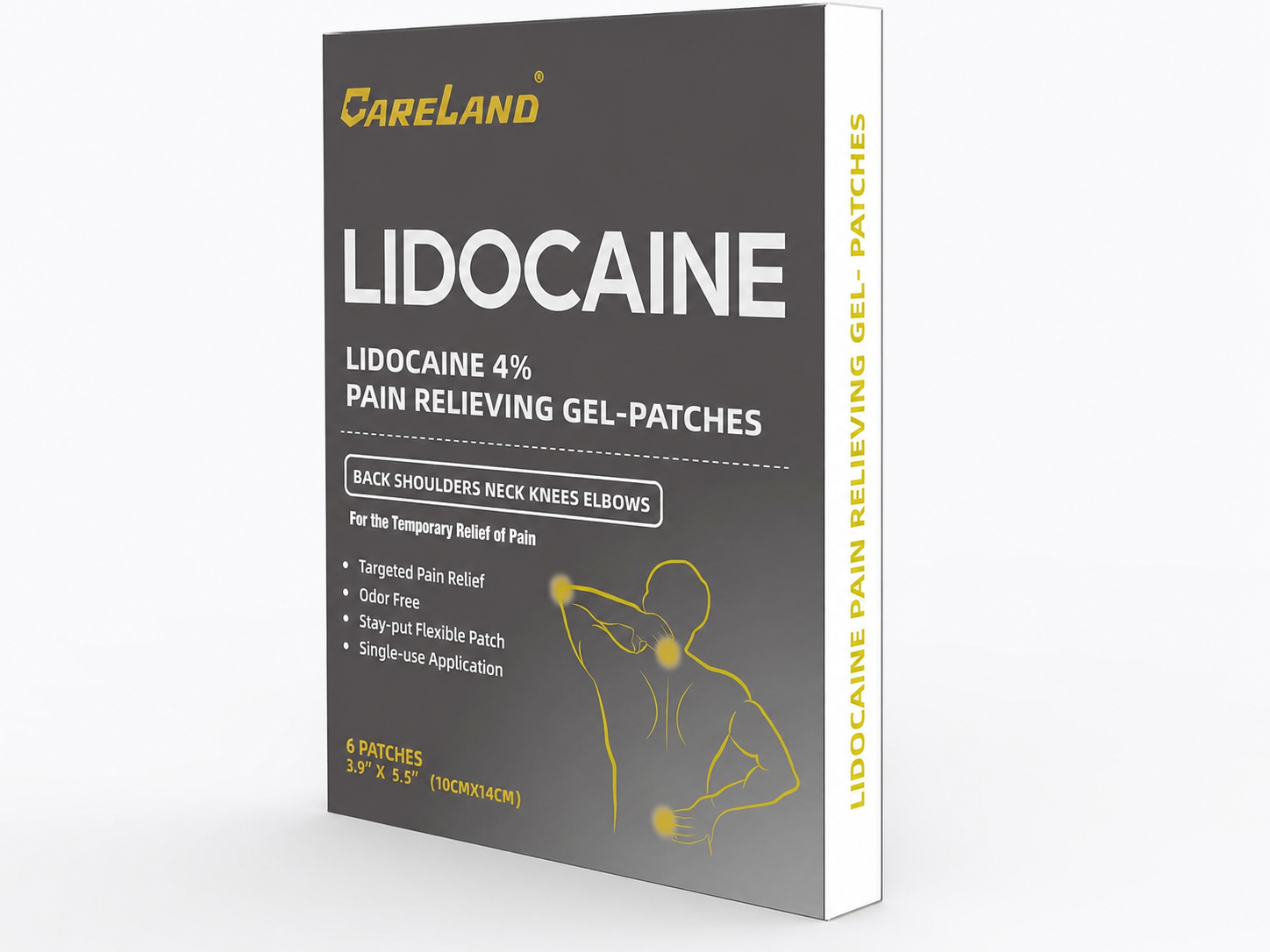 Side view of a CARELAND 4% lidocaine gel patch box containing 6 individually packed patches.