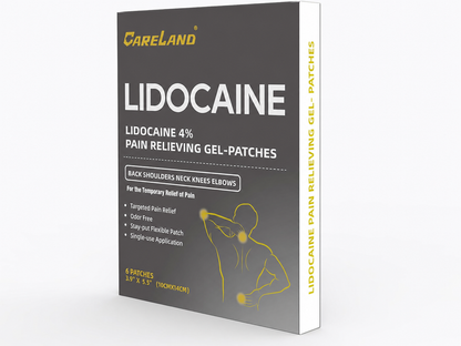 Side view of a CARELAND 4% lidocaine gel patch box containing 6 individually packed patches.