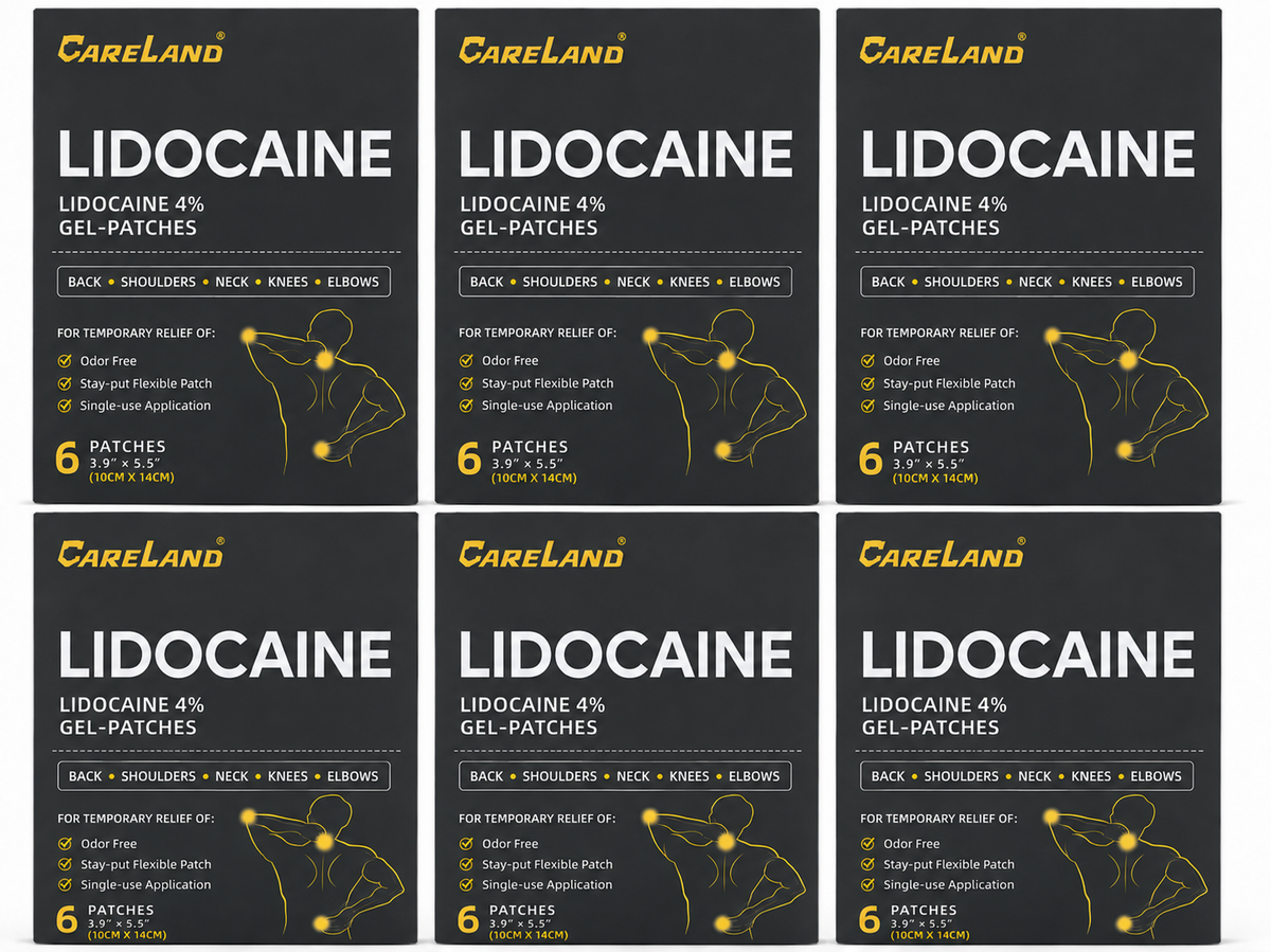 CARELAND 4% Lidocaine Gel Patches, 6-pack product box with flexible hydrogel patches.