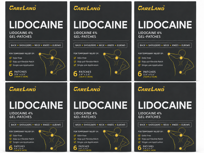 CARELAND 4% Lidocaine Gel Patches, 6-pack product box with flexible hydrogel patches.