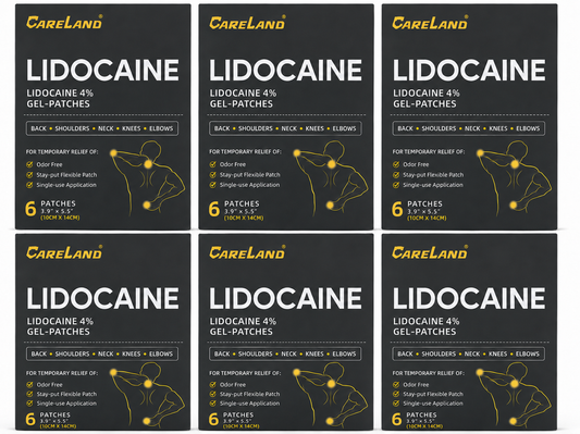 CARELAND 4% Lidocaine Gel Patches, 6-pack product box with flexible hydrogel patches.