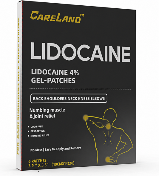 CARELAND 4% Lidocaine Gel Patches, single 6-patch box.