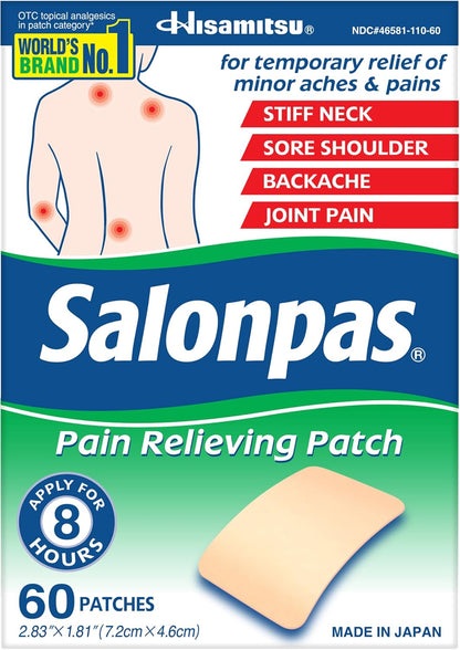 Salonpas pain relieving patch packaging with branding and product information.