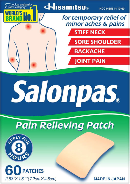 Salonpas pain relieving patch packaging with branding and product information.