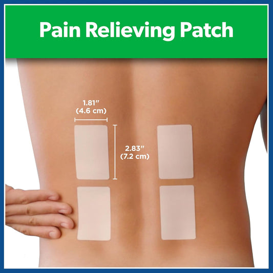 Pain relieving patch on a person's back with measurements displayed