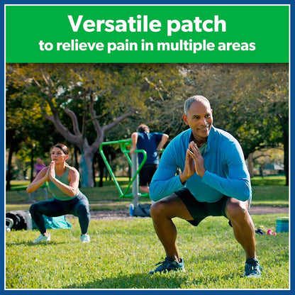 Man and woman exercising in a park with text about a versatile pain relief patch.