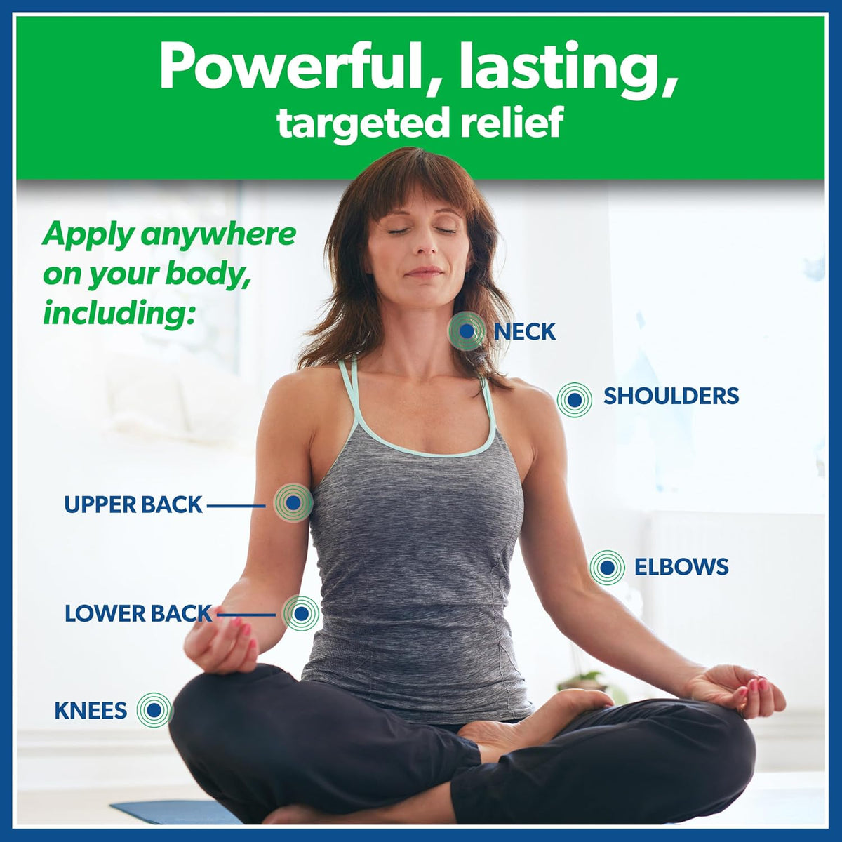 Woman practicing yoga with product application points on her body highlighted.