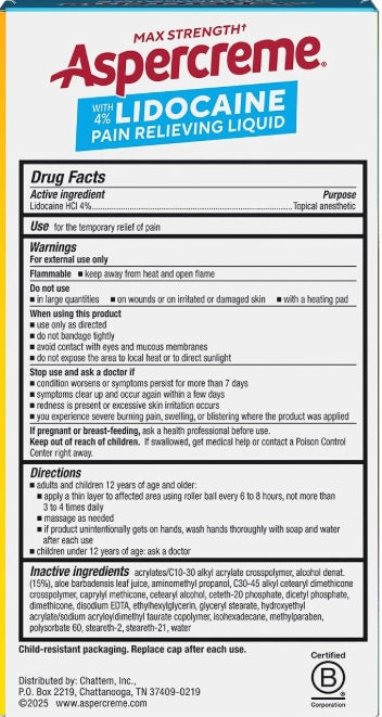 Aspercreme Max Strength 4% Lidocaine Roll-On – 2.5 oz