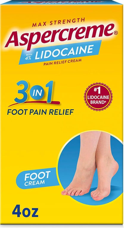 Aspercreme Lidocaine 4oz foot pain relief cream box, featuring a bright yellow background with red and blue branding, a circular inset showing bare feet, and text indicating '3 in 1 Foot Pain Relief'.