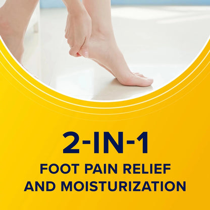 Person applying cream to feet with text '2-IN-1 Foot Pain Relief and Moisturization' on a yellow background