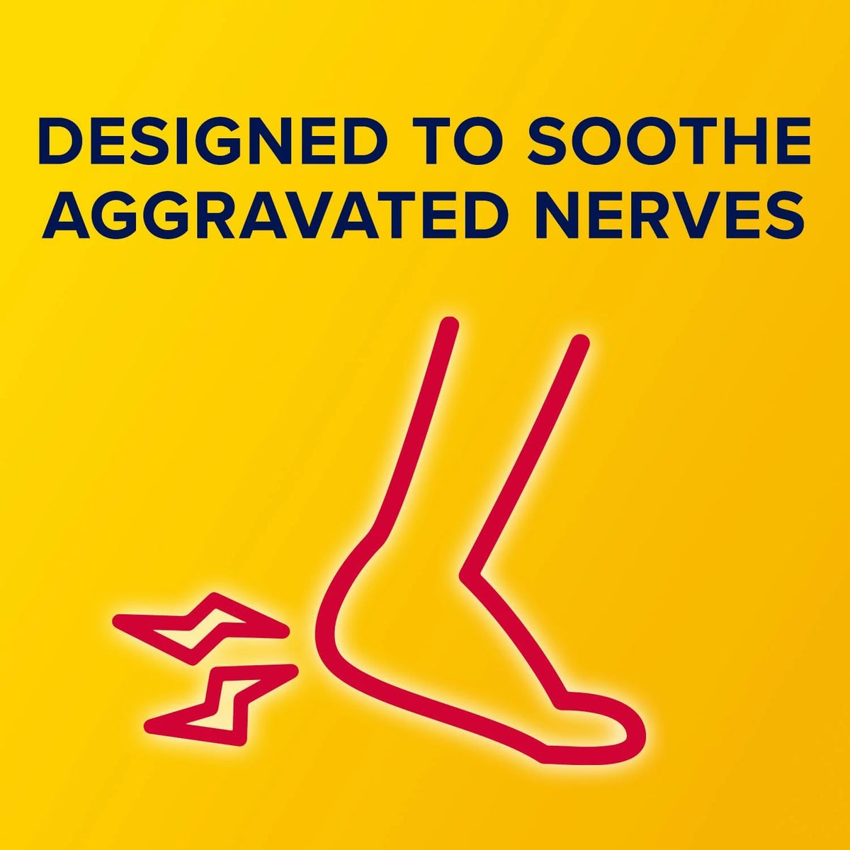 Yellow graphic with dark blue text reading 'DESIGNED TO SOOTHE AGGRAVATED NERVES' above a red outline of a foot and a small lightning-bolt symbol.