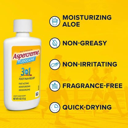 Aspercreme bottle with features listed on a yellow background