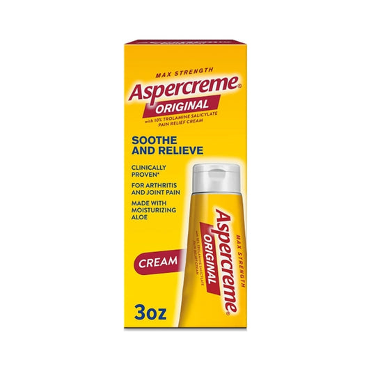Aspercreme Original 3 oz cream pain relief package, featuring a bright yellow box with red and blue text alongside a matching yellow tube with a white cap, shown on a plain white background.