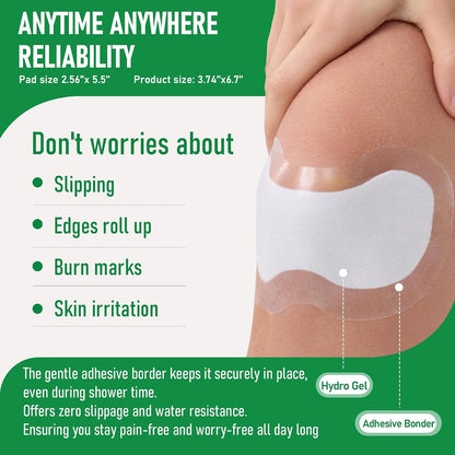 Hydrogel patch on skin with product details and benefits on a green background
