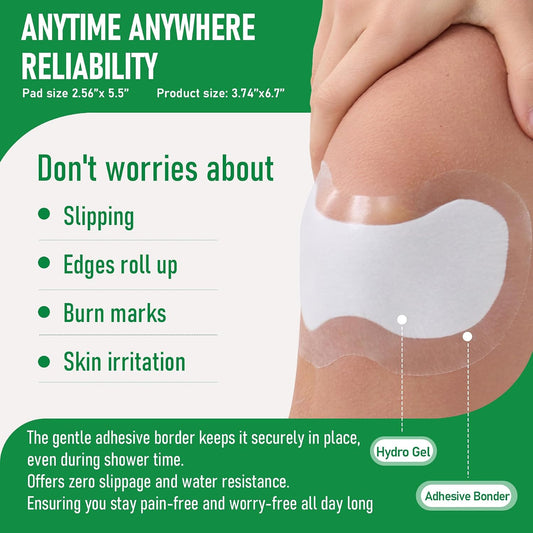 Hydrogel patch on skin with product details and benefits on a green background