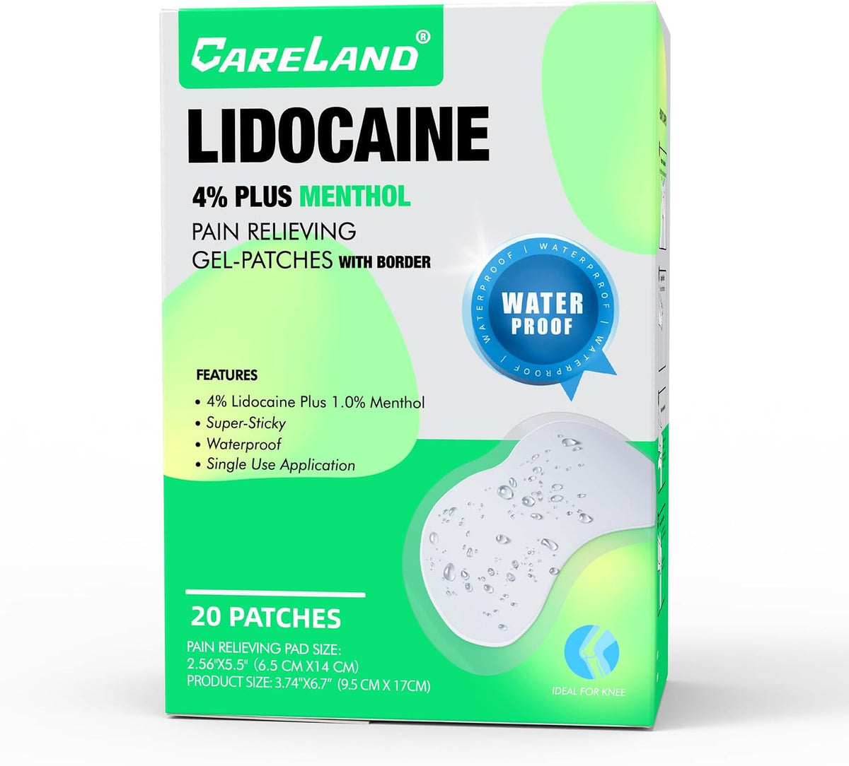 CareLand Lidocaine 4% Plus Menthol pain relieving gel patches in a 20-pack box, featuring a green and white design with a blue water-proof seal badge.