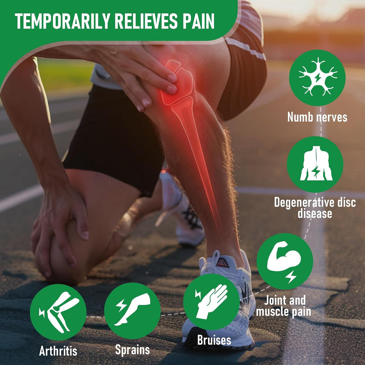 A person kneeling on a track holding their knee, with a red highlighted illustration showing the knee joint. Green circular icons list benefits such as numb nerves, degenerative disc disease, joint and muscle pain, arthritis, sprains, and bruises.