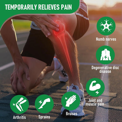 A person kneeling on a track holding their knee, with a red highlighted illustration showing the knee joint. Green circular icons list benefits such as numb nerves, degenerative disc disease, joint and muscle pain, arthritis, sprains, and bruises.