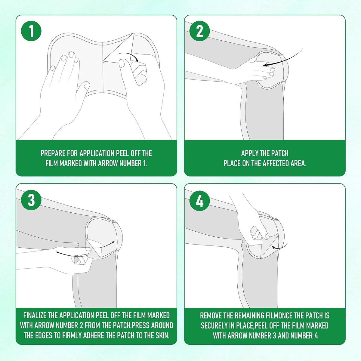 Four-panel application instructions showing how to apply a skin patch to a knee or elbow, with numbered steps and brief text instructions on a light green background.