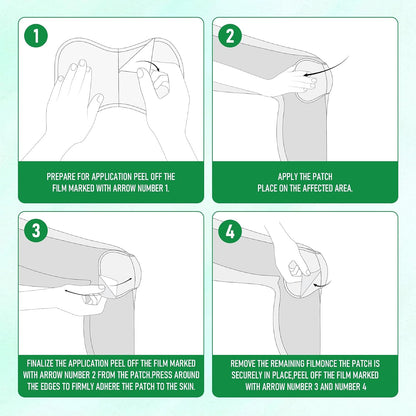 Four-panel application instructions showing how to apply a skin patch to a knee or elbow, with numbered steps and brief text instructions on a light green background.