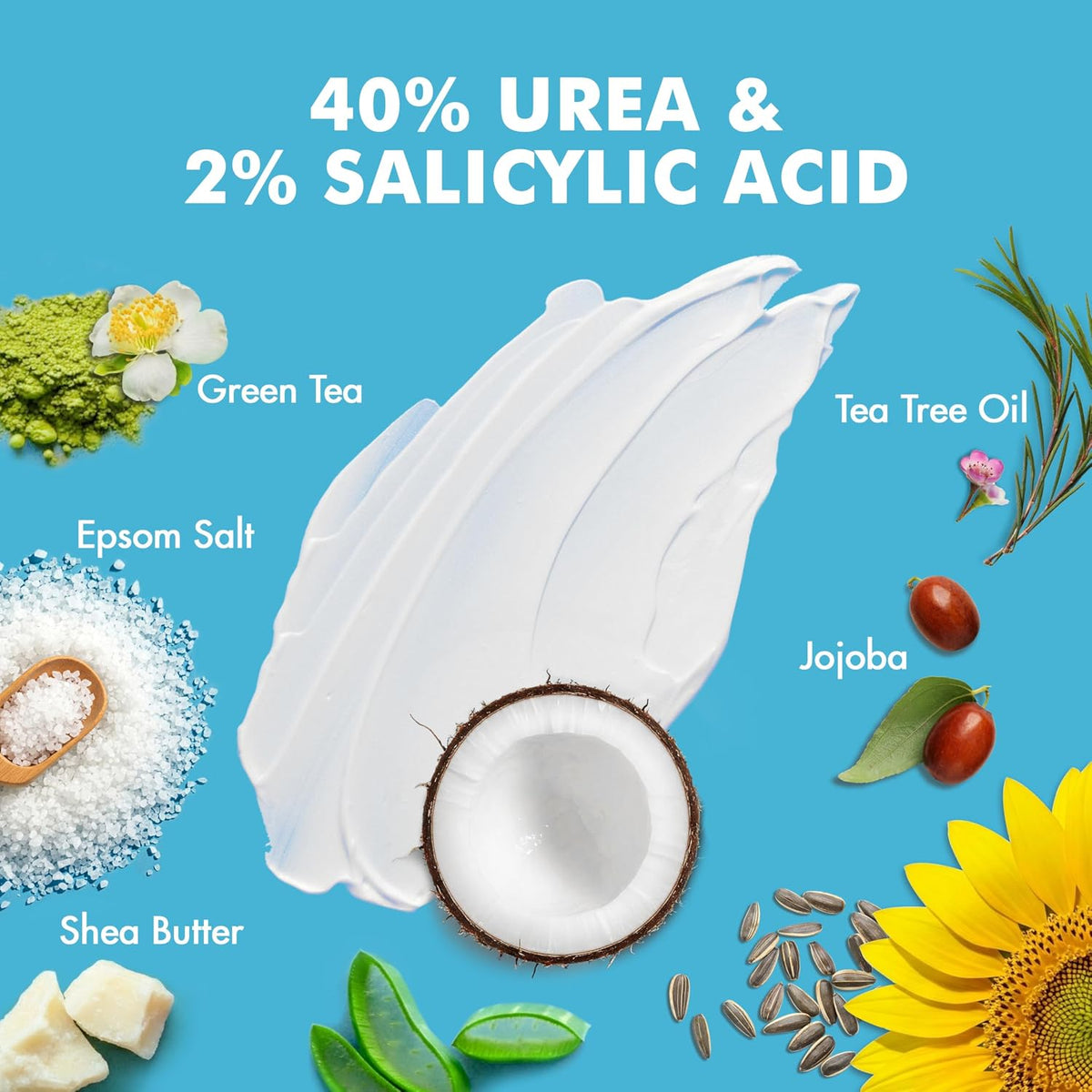 Cosmetic product with ingredients like urea, salicylic acid, and various natural elements on a blue background.