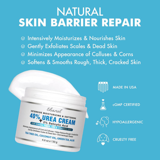 A jar of Ethanol Intensive Moisturizing & Softening 40% Urea Cream shown on a bright blue promotional graphic with text about skin barrier repair and feature icons.