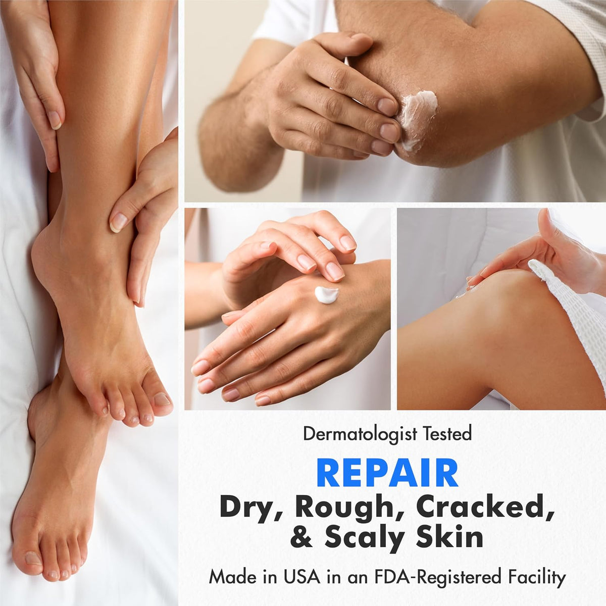 Collage of skin care products being applied to various parts of the body with text about dermatologist-tested repair for dry, rough, cracked, and scaly skin.