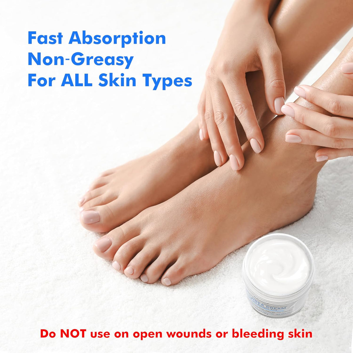 Person applying cream to their leg with text about product properties and usage instructions.