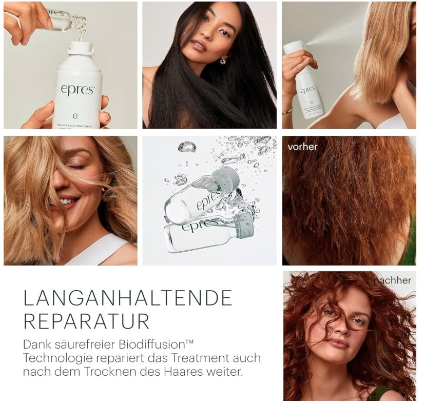 Epres bond repair hair treatment with before and after results on different hair types, featuring bottle and spray application