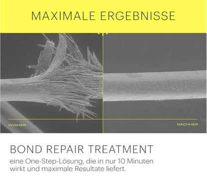 Microscopic before-and-after images of damaged hair strands showing bond repair treatment results