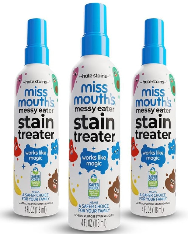Three bottles of miss mouth's messy eater stain treater on a white background