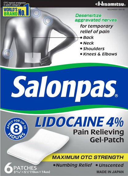 Salonpas Lidocaine 4% Pain Relieving Gel-Patches – 6 Count