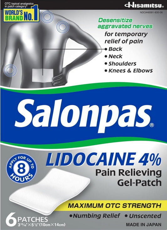 Salonpas Lidocaine 4% Pain Relieving Gel-Patches – 6 Count