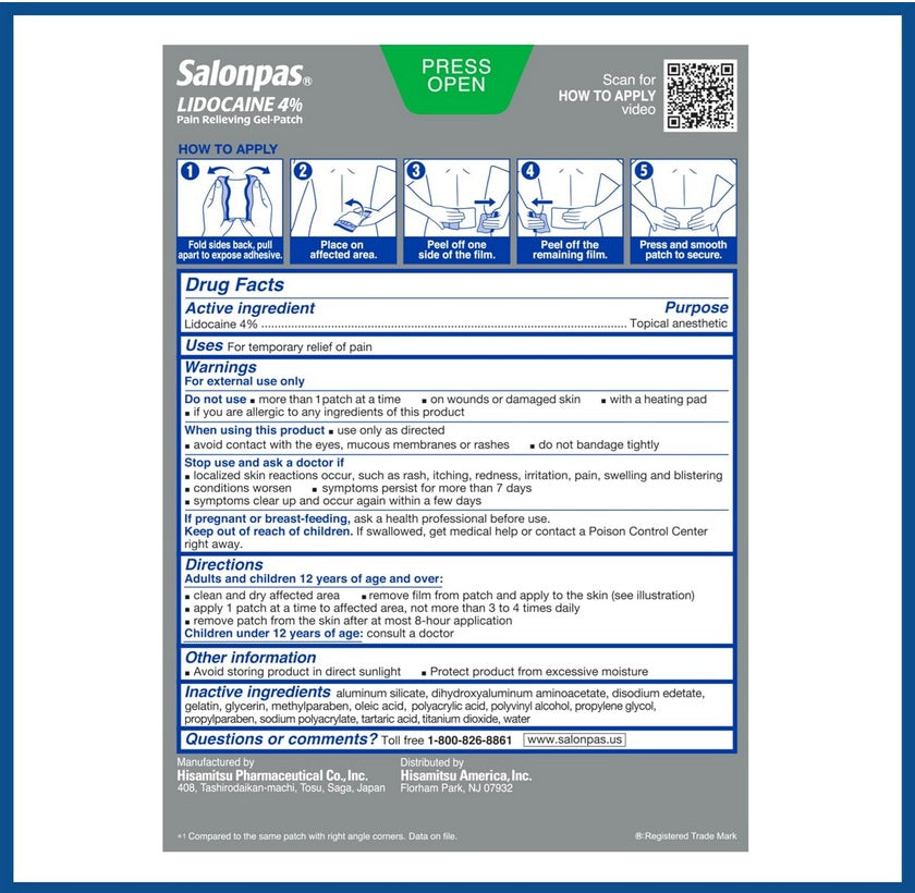 Salonpas Lidocaine 4% Pain Relieving Gel-Patches – 6 Count