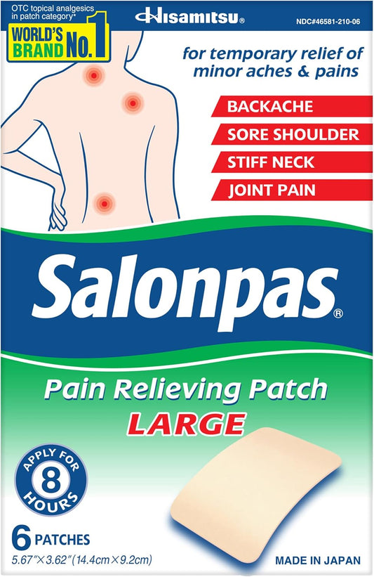 Nisamitsu Salonpas Pain Relieving Patch Large box, showing a beige patch illustration on a blue and green package with text for backache, sore shoulder, stiff neck, and joint pain.