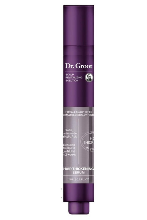 Dr. Groot scalp revitalizing solution hair thickening serum in purple bottle, 15ml size