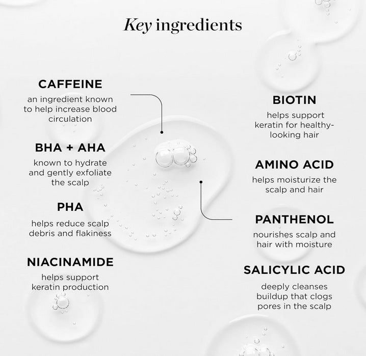 Diagram of key hair care ingredients including caffeine, BHA, AHA, PHA, niacinamide, biotin, amino acid, panthenol, and salicylic acid with benefits