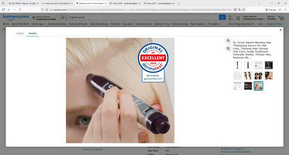 Person applying Dr. Groot hair thickening serum to blonde hair roots with Dermatest Excellent 2024 seal